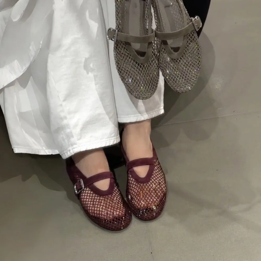 2026 New Model Fishnet Rhinestone Ballet Flat Mary Jane Women's Shoes with Hollowed-Out Strap Flat Sandals