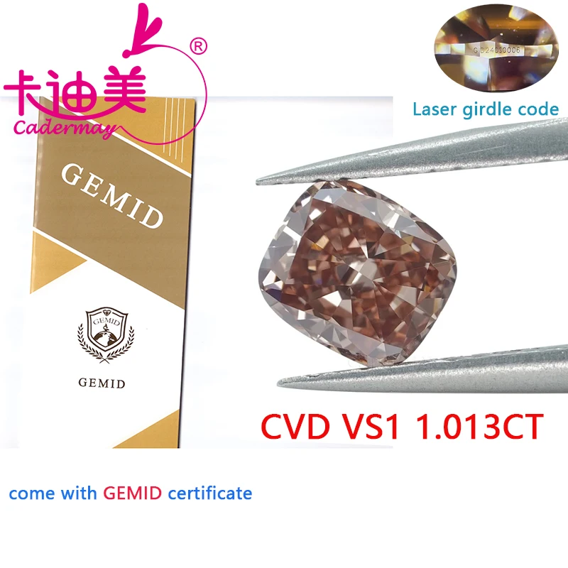 CADERMAY Cushion Shape EX Cut Fancy Pinkish Color VVS1 Clarity 1.013CT CVD Lab Grown Diamond Loose Stone For Jewelry Making