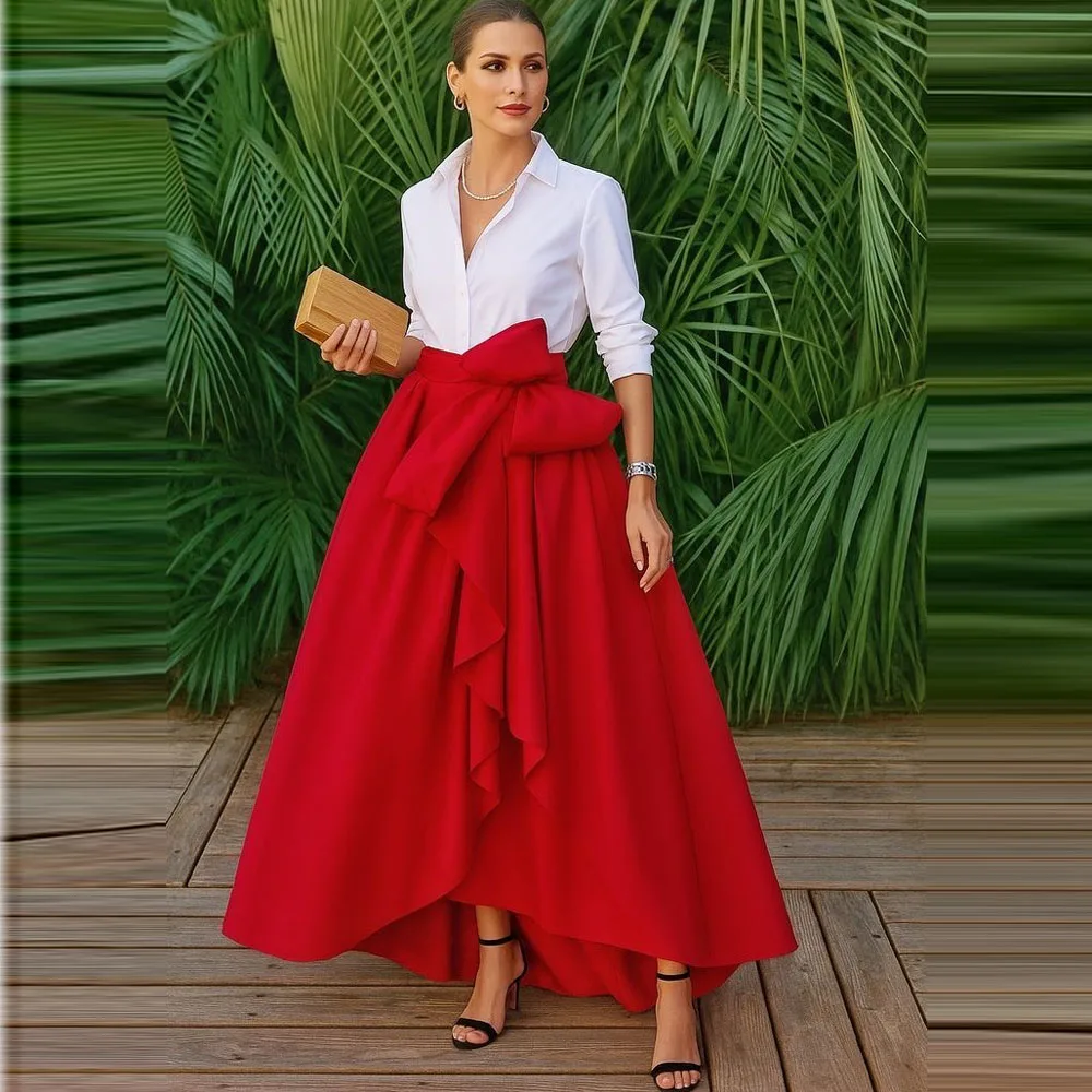 

Красная асимметричная юбка-макси с высокой талией для офиса и вечеринок, атласная, длинная, для женщин, для официальных мероприятий