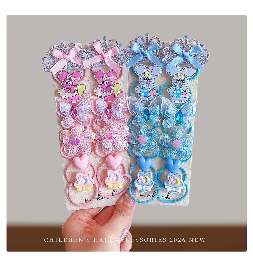 Neue Mode 10 Stück/Set Rosa Blaue Mini-Haargummis Cartoon-Häschen Strass-Krone Pailletten-Schmetterling Herz Elastisches Haarband für Mädchen – Detail 3