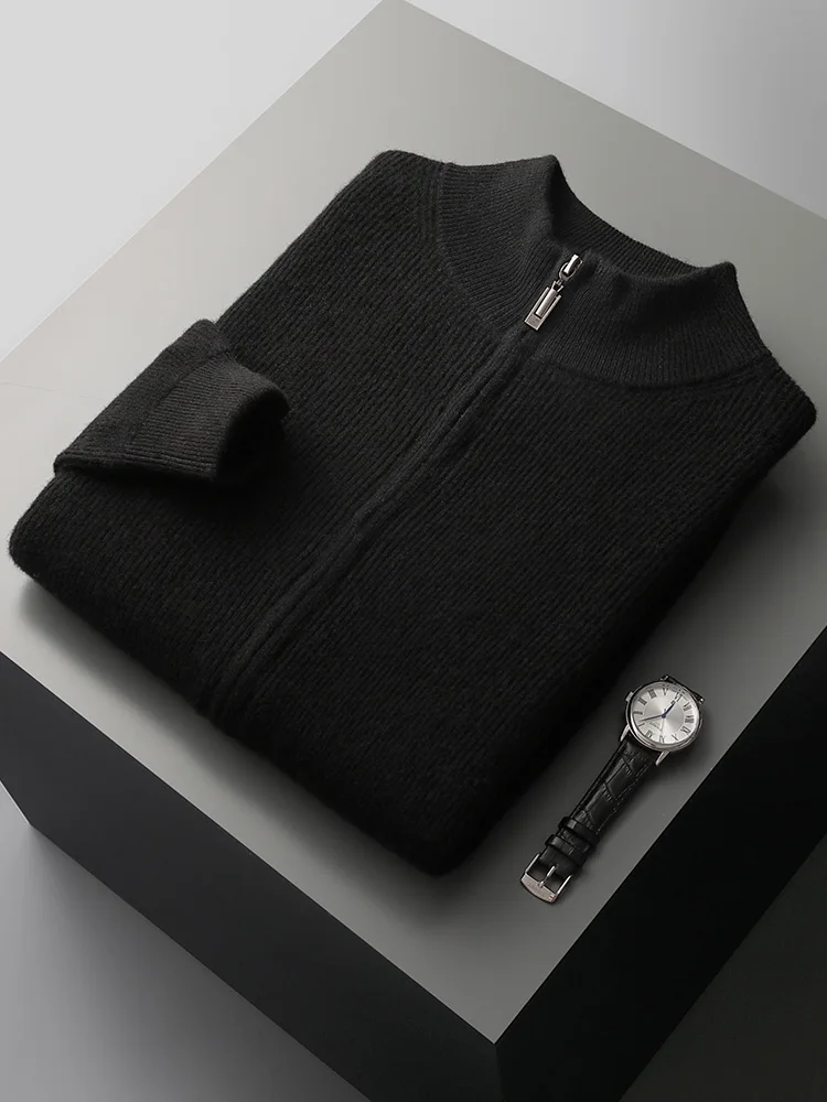 Smart Casual 100% Merino Wool Men Sweater Mock Collar Thick Cardigan Autumn Winter New Cashmere Knitted Coats Long Sleeve Tops