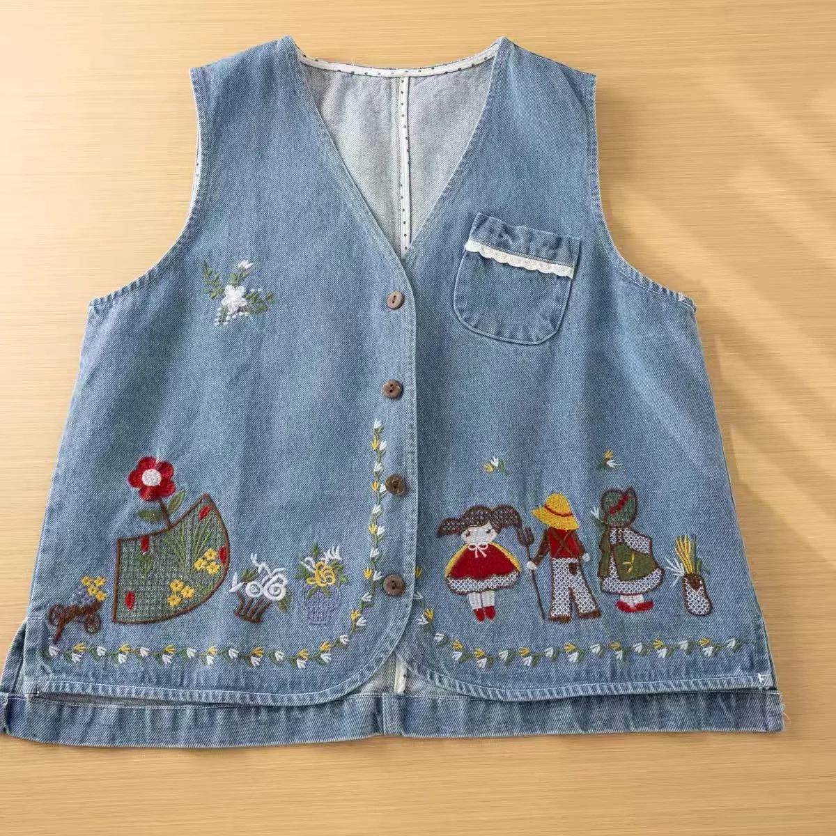 

Cartoon girls embroider denim vest for women autumn spring Japan style flowers embroidery denim waistcoat sleeveless coat