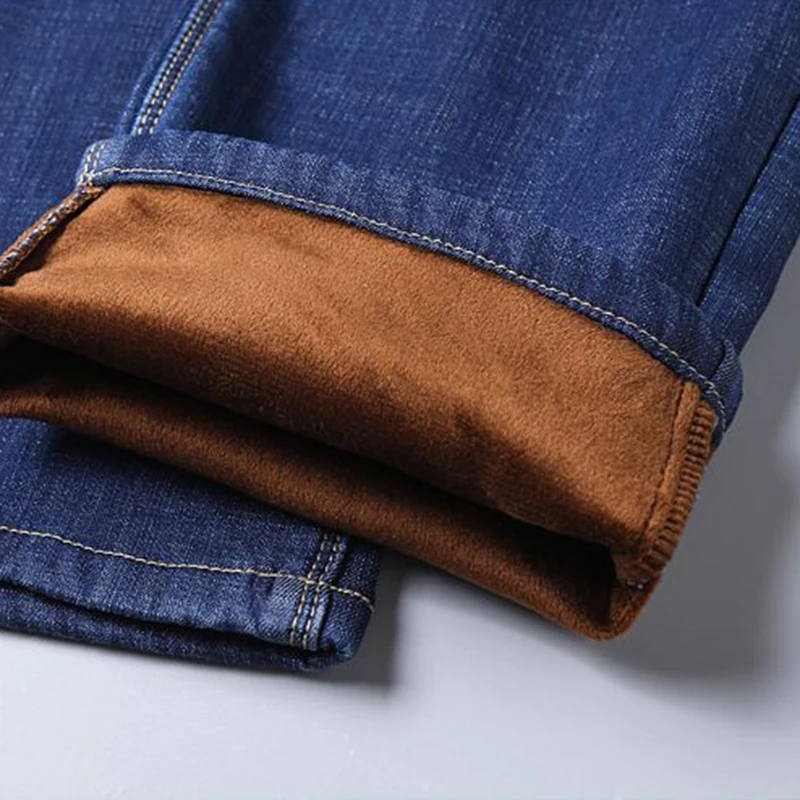 Men Autumn Winter Fleece Lined Thickened Jeans Male Fashion Loose Straight Denim Pants Warm Smart Casual Trousers