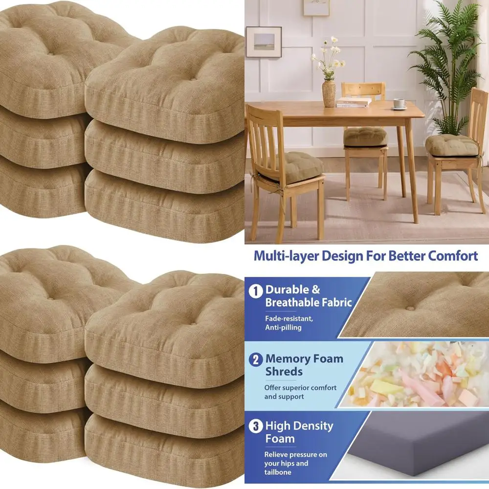 

Set of 6 Khaki Dining Chair Seat Cushions, 16.5 x 16.5 x 3.5, Tufted with Ties & Non-Slip Backing