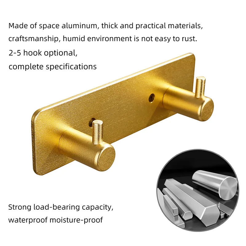 Golden Aluminum Alloy Self Adhesive Hooks,For Sticky Wall Door Robe Tea Towel Rustproof Towel Rack,Clothes Coat Hook