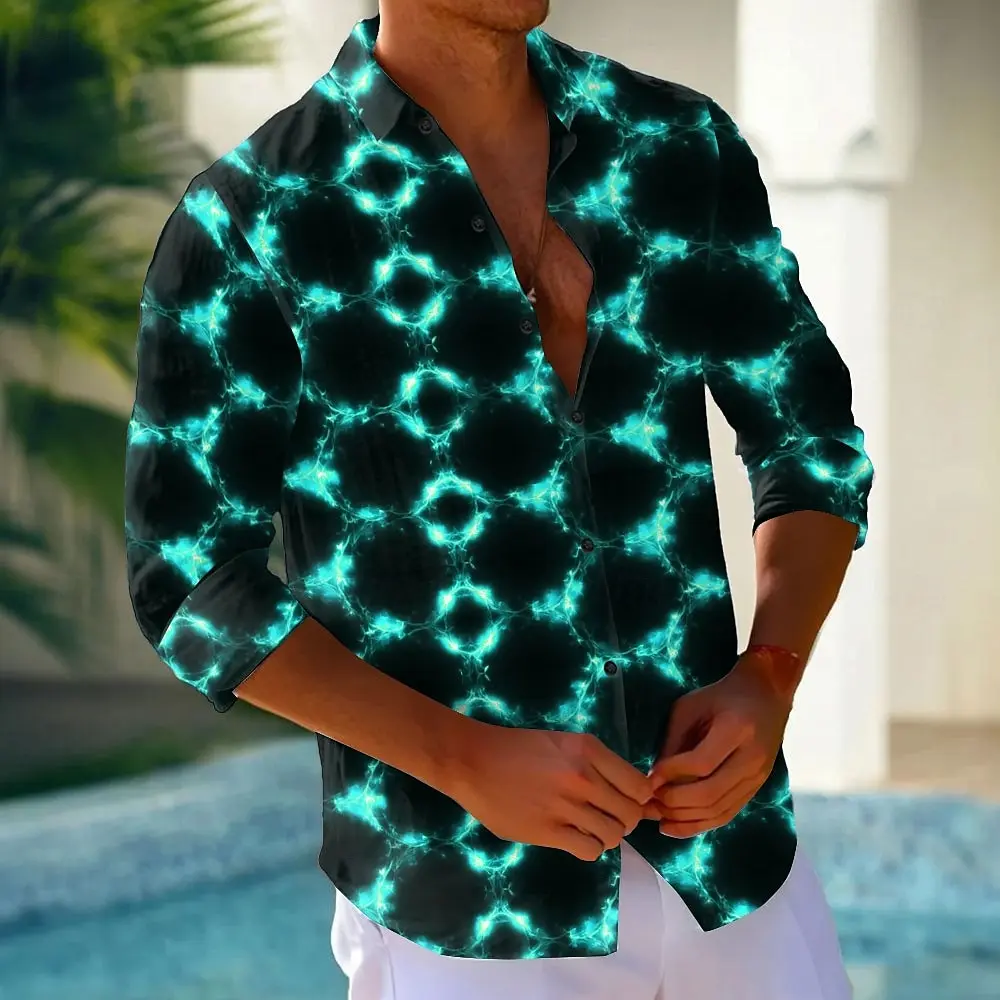 

Men's Geometric Grid Plaid Neon Glow Shirt Button Up Shirt Casual Long Sleeve Fashion Streetwear 3D Print Collared Shirts