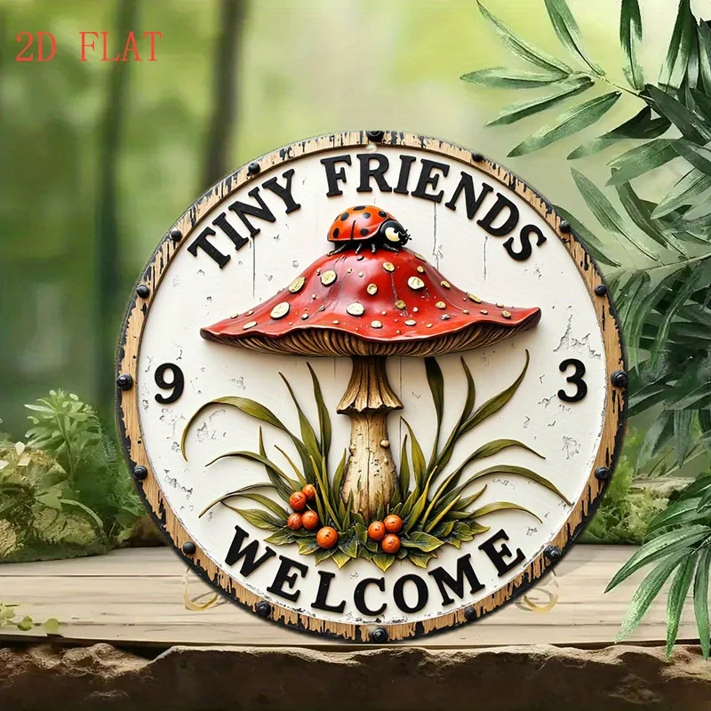 2D Flat - 2D Plane - Country Garden Themed Round Wall Plaque, Featuring Mushroom And Ladybug Designs, Engraved with The Words 