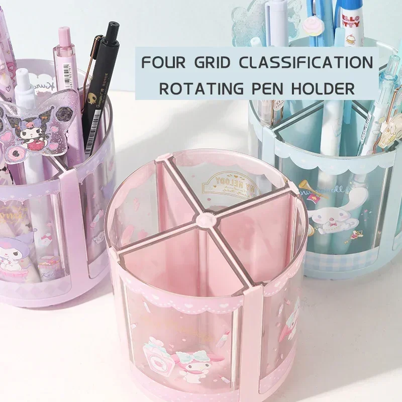 MINOSO Sanrio Melody Cinnamoroll Kuromi Rotating Pen Holder Cartoon Anime Student Desktop High Capacity Storage Box Stationery