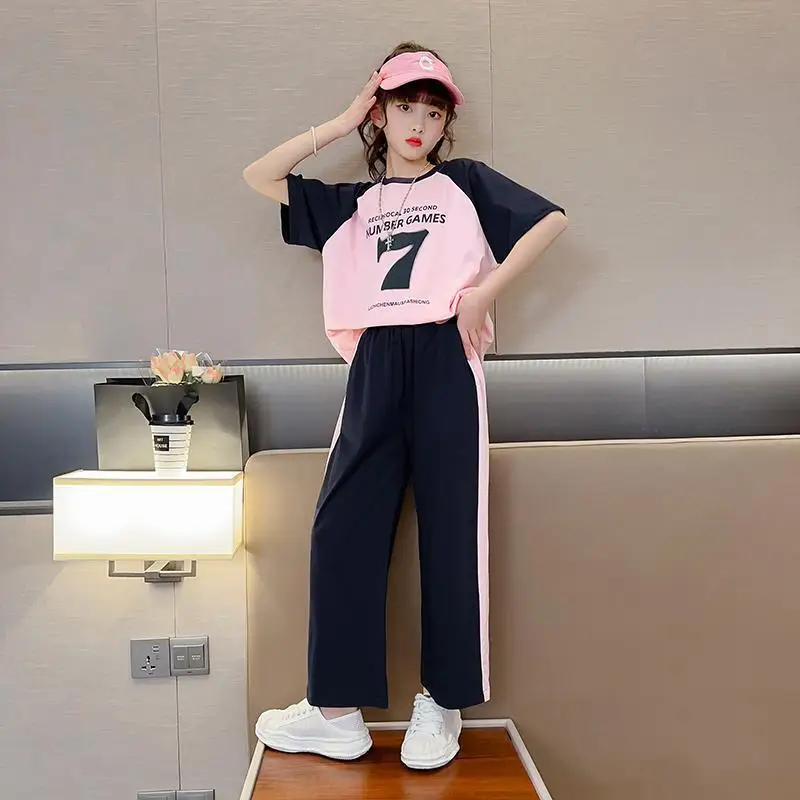 Girls 2023 Summer New Fashion Trendy Short Sleeve Suits 4 6 8 10 12 14 Years Youth Teenage Girls Korean Style 2Pcs Tees Clothes