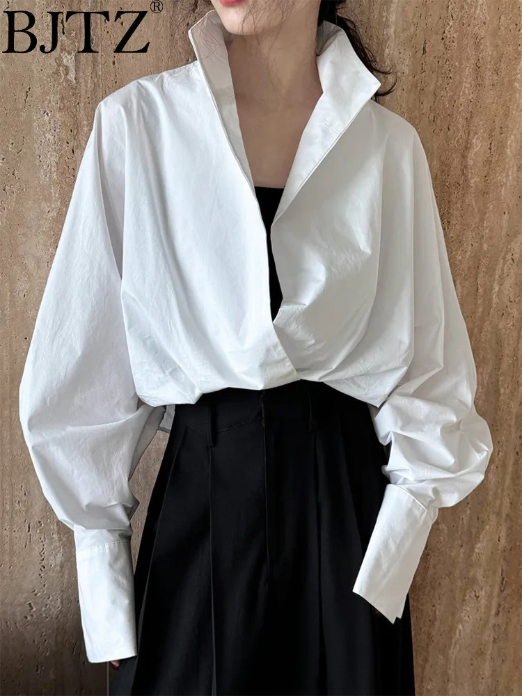 

BJTZ Stand Up Collar Deep V-neck White Shirt&blouse For Women 2025 Summer Bat Sleeve Temperament Large Office Lady Shirt