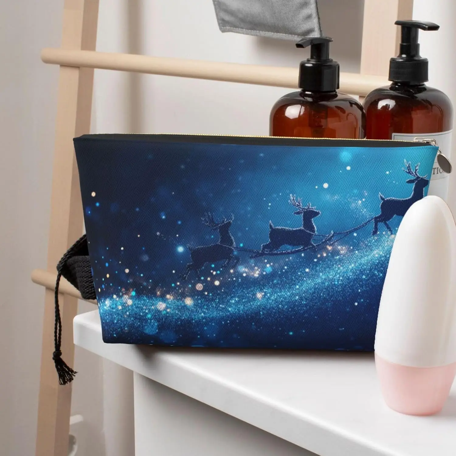 Bolsa cosmética natal azul cervo estrela maquiagem bolsa viagem organizador de higiene pessoal zíper à prova dwaterproof água para mulher