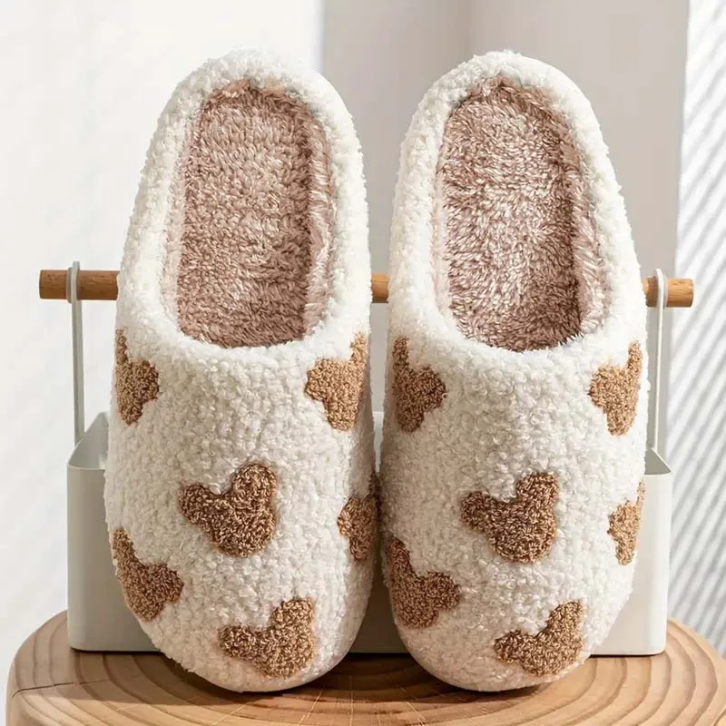 レディース刺繍入りテディベアスリッパ 秋冬用 快適で暖かい滑り止めホームスリッパ