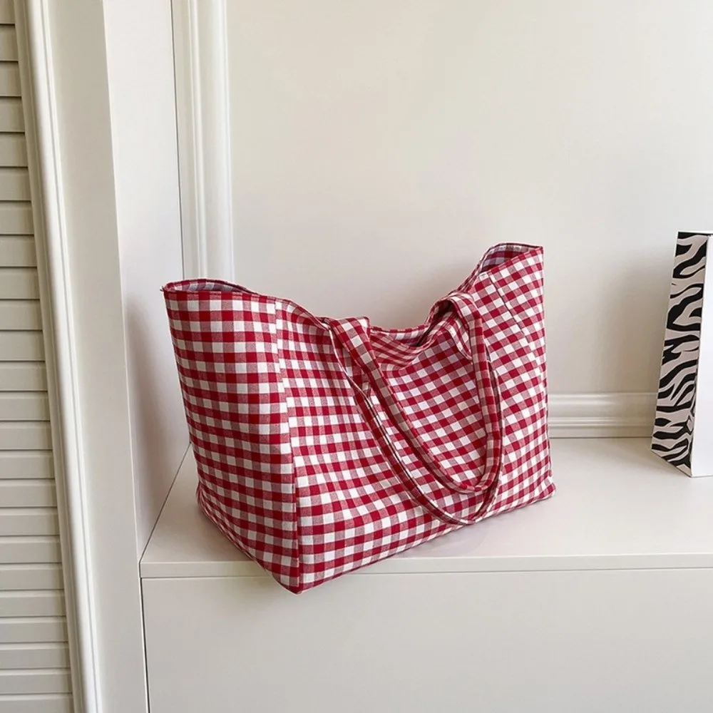 

Casual Plaid Women Shopping Bag Canvas Bag Woman Large Capacity Cute Tote Handbags Cloth Double-sided Girls Shoulder Bags