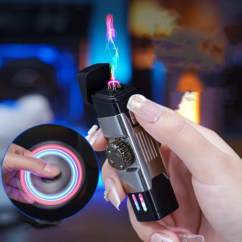 New Rotary Gyro USB Lighter Metal Windproof Double Arc Charging Pulse Plasma LED Colored Light Lighter Creative Men\'s Gift