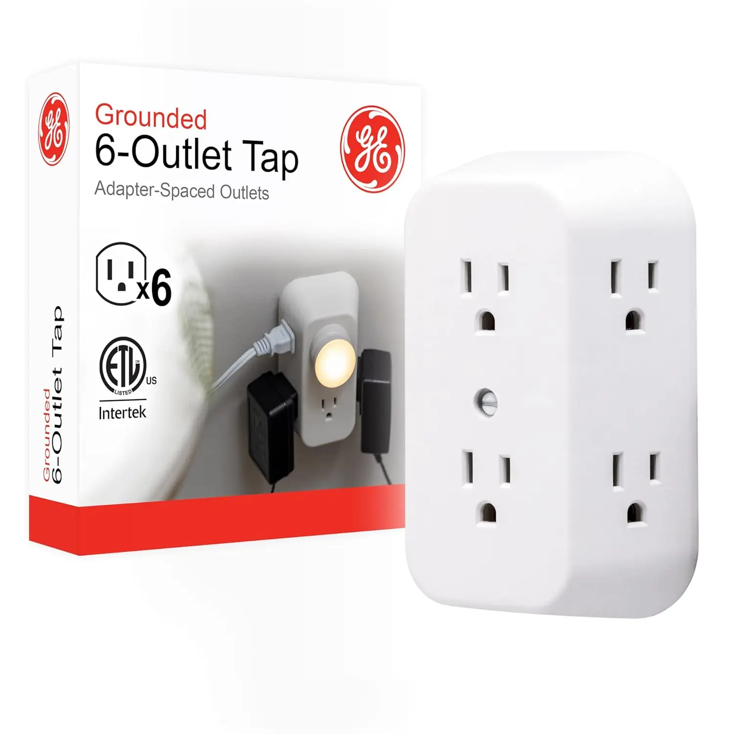 

6-Outlet Wall Tap, Adapter Spaced, Grounded 3-Prong, Quick Install, ETL, White
