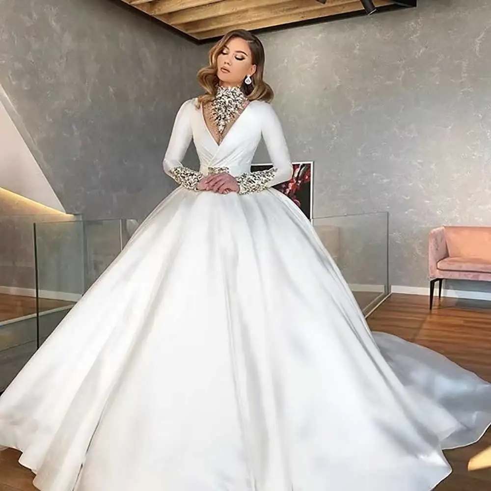 

Arabic Wedding Dresses Crystal Beaded Ball Gowns High Neck Long Sleeve A Line Bridal Dress Satin Robes De Mariée Size Customized