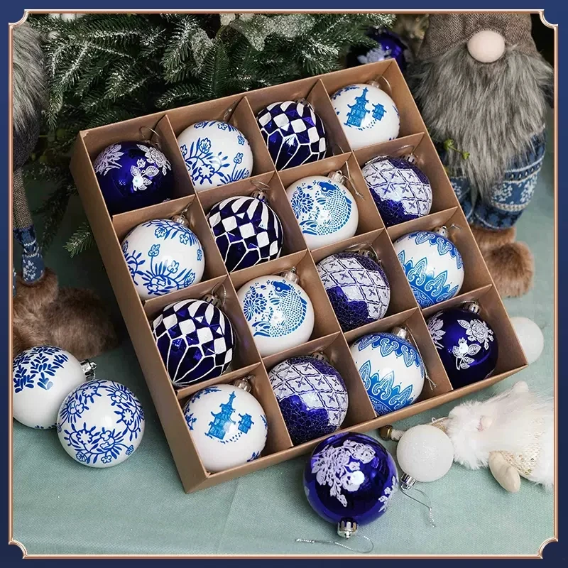 Hand-Painted Plastic Round Baubles, Xmas Tree Ornaments, Blue and White Porcelain, Festive Party Supplies, 2024, 8cm