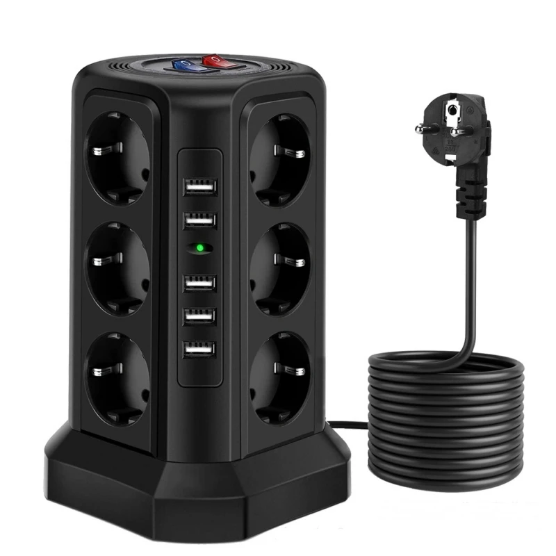 Tower Multi Tap Outlet Extension Cable Multiple Splitter Socket Electric Slippers with Switch Button Cord Power Strip 2500W EU