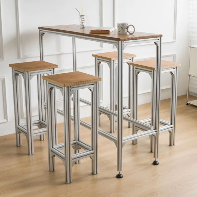 

Nordic Solid Wood Bar Table and Chair Set Minimalist Modern Aluminum Profile Cafe Wall Mounted High Table Long Table for