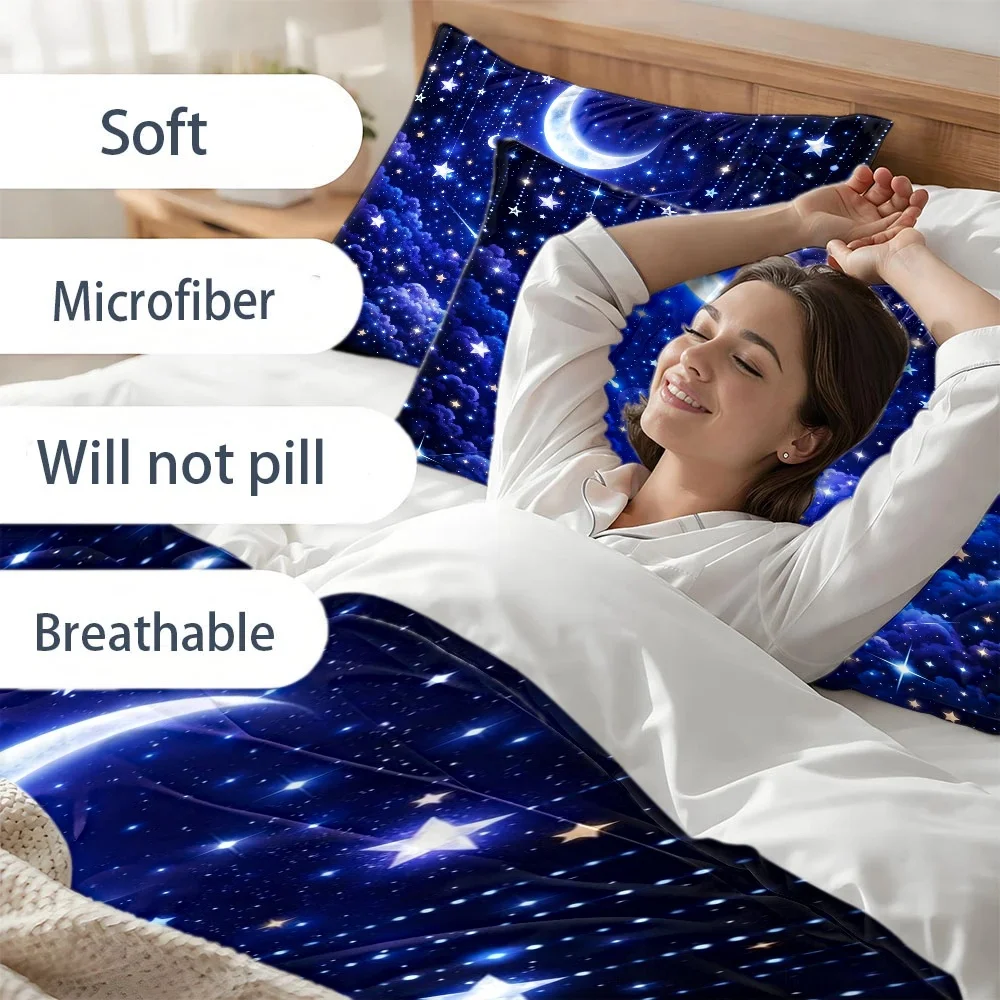 3Pc Dreamy Starry Sky and Moon Bedding Set, 1*Quilt Cover + 2*Pillowcases, Quilt Cover Set, Suitable for All Seasons, Machine Washable, Hidden Zipper Design, Large Double Bed Cover, Suitable for Home, Dormitory, Master Bedroom, Guest Room, Romantic Nebula Pattern, Soft and Skin-Friendly Bedding, Hot-Selling Sleep Set, Beautiful Night Sky Print Quilt Cover, Comfortable and Breathable Bedding Set, 2D Flat Print