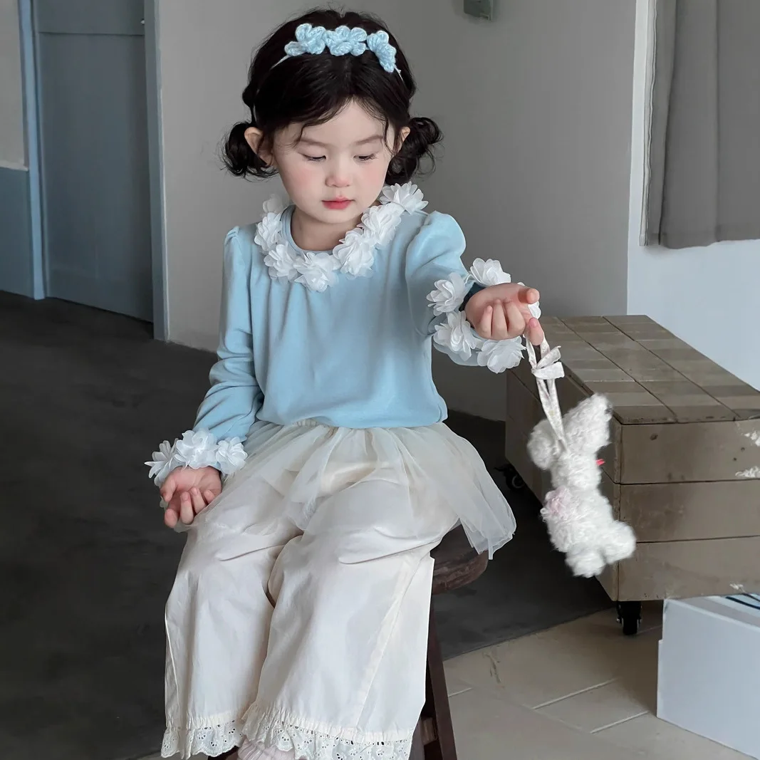 Girls Blouse 2025 Autumn New Childrens Clothing Korean Girl Baby Fashion Three-dimensional Flower Long Sleeve Bottom Undress