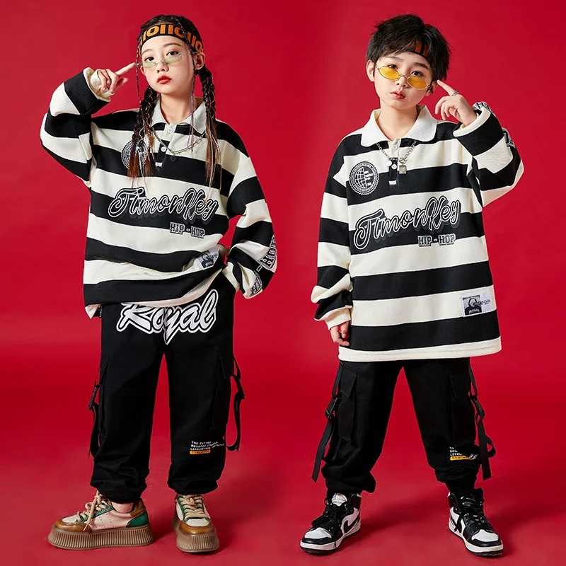 Trajes de espectáculo de danza callejera de Jazz para niños, camisas a rayas de manga larga de Hip Hop para niñas, pantalones de pasarela a la moda, trajes