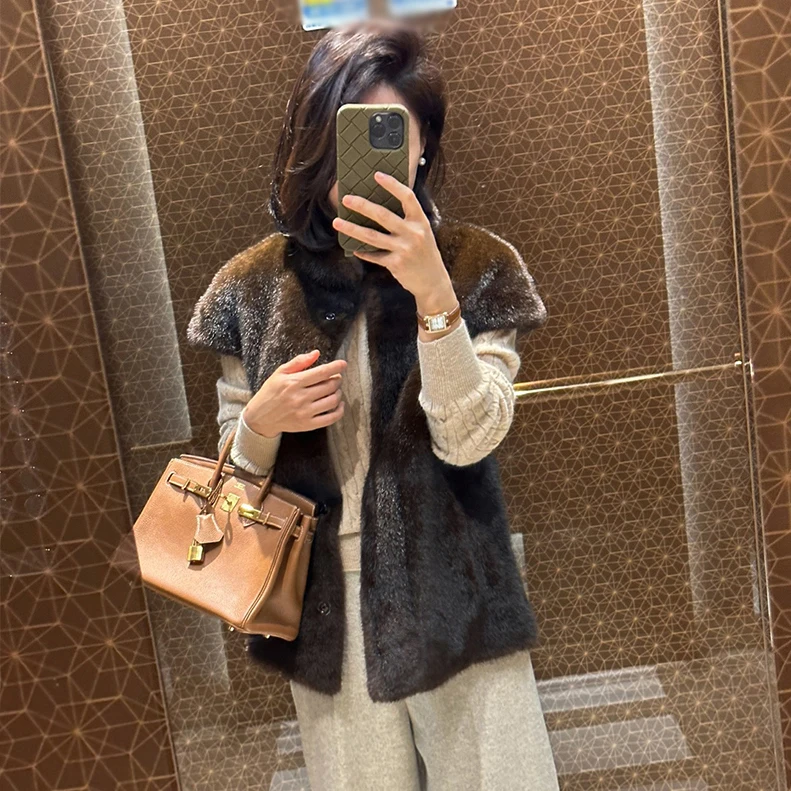

Women's Autumn Winter Faux Mink Hair Stand Collar Sleeveless Loose Vest Jacket Lady Streetwear Single Breasted Faux Fur Vest Top