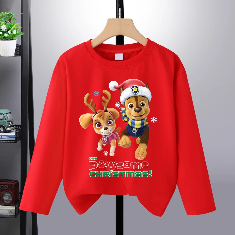 Paw Patrol Kerst T-shirt met lange mouwen voor jongens meisjes Cartoon Leuke Kerst T-shirts Kinderen Nieuwjaar Mode Kawaii Kleding