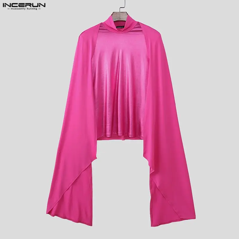 

Мужская футболка INCERUN с асимметричным кроем, воротником-стойкой и расклешенными длинными рукавами, в стиле пэчворк, уличная мода 2026, для вечеринок, размеры S-3XL