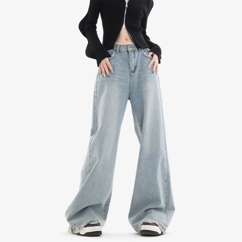 

New Light Color Raw Hem Jeans Women's High Waist Straight Loose Slimming Wide Leg Pants Mop Pants Pants