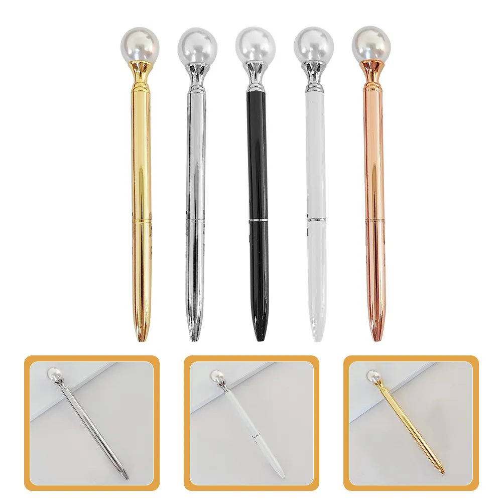 

5Pcs Luxury Artificial Pearl Metal Ballpoint Pens Ergonomic Comfort Grip Smooth Flowing Ink Pens for Office Work Studying