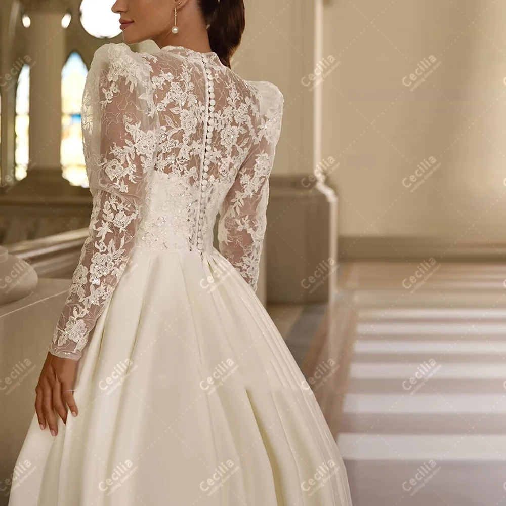 فساتين زفاف عتيقة زي العرائس الكلاسيكية دانتيل زينة كم كامل رداء رشيق رقبة دائرية مخصصة Vestidos De Novia 2026