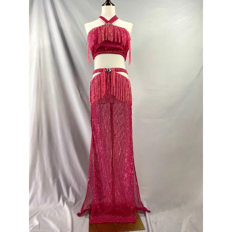 تخصيص الرقص الشرقي الياقوت الأزرق هامش صغير الترتر تنورة طويلة مجموعة الرقص الشرقي معلقة الرقبة كامل الماس حورية البحر زي