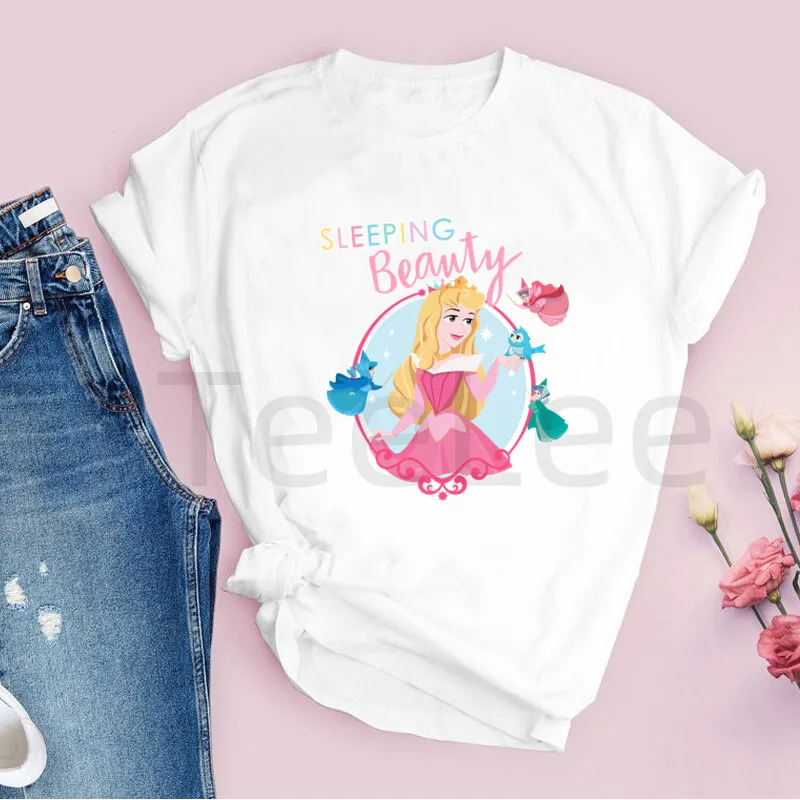 Sleeping Beauty Women T-shirt Printed Princess Aurora T-shirt Female Cartoon Casual Streetwear Short Sleeve Graphic Tops Tees