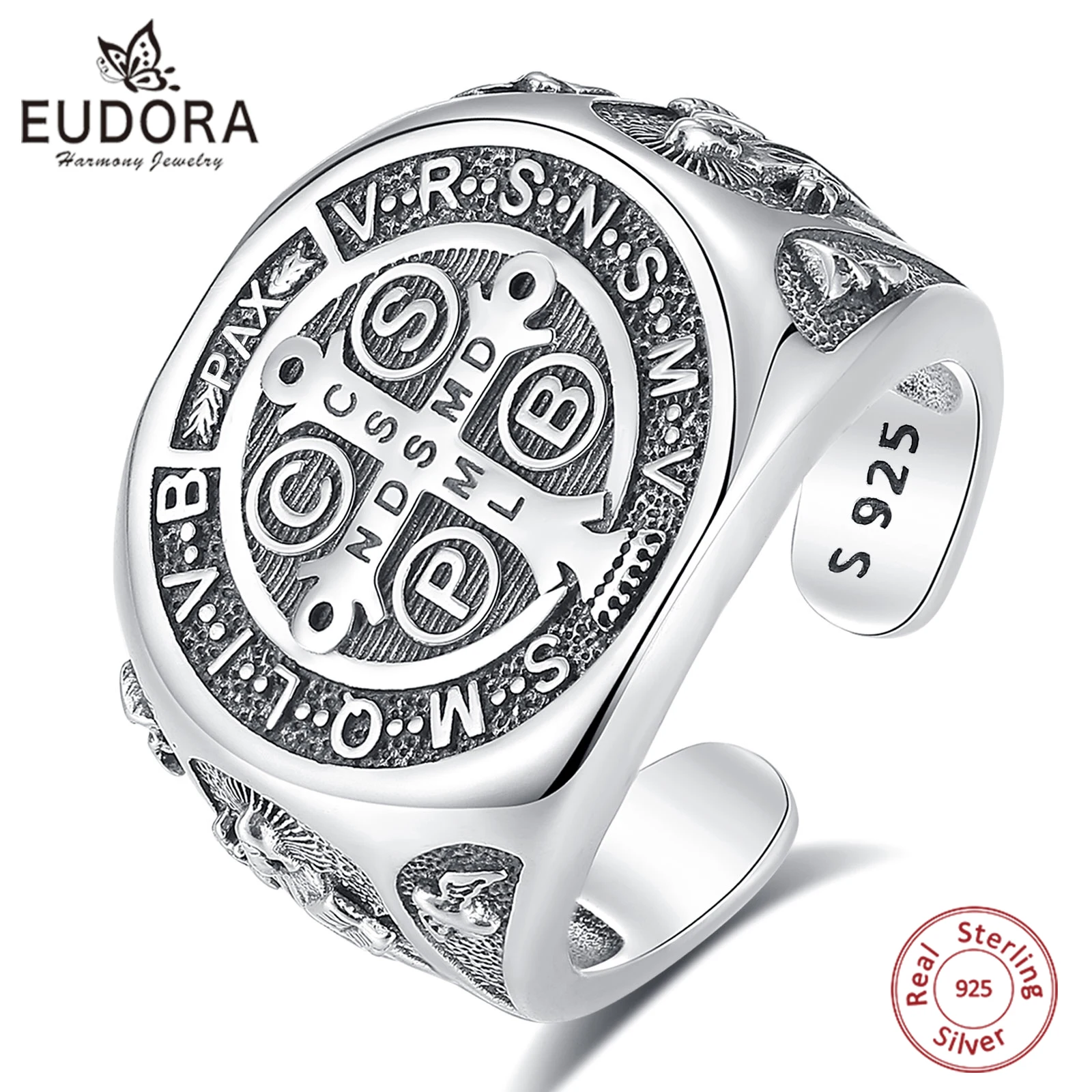 Eudora 925 Sterling Silver Saint Benedict Medal Adjustable Ring Vintage San Benedict Cross Amulet Ring Religious Jewelry Gift