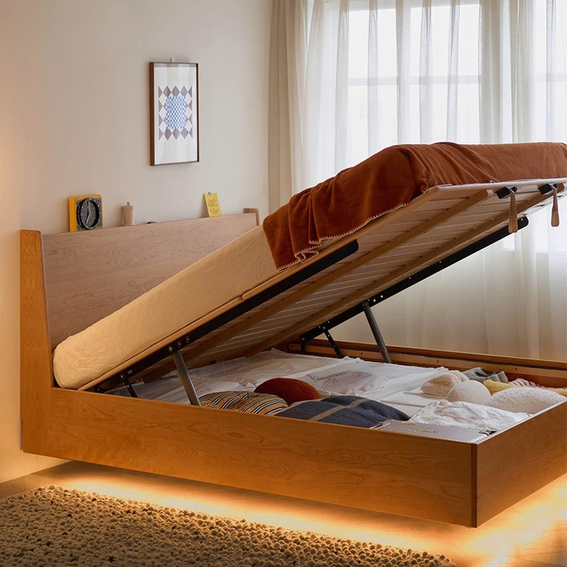 

Простая кровать-коробка из вишневого дерева, полная кровать из массива дерева для хранения вещей, спальня, маленькая двуспальная современная высокая коробка