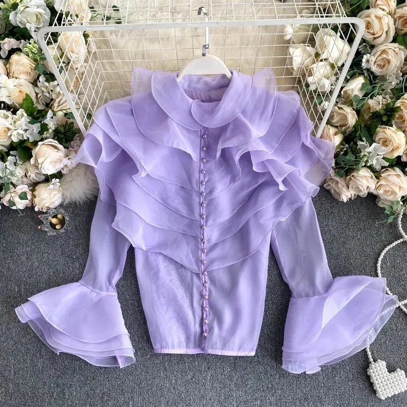 Spring Korean Fashion Sweet Women Shirts Blouses Net Yarn Cascade Ruffle Flared Sleeve Perspective Chiffon Pearl Button Up Shirt