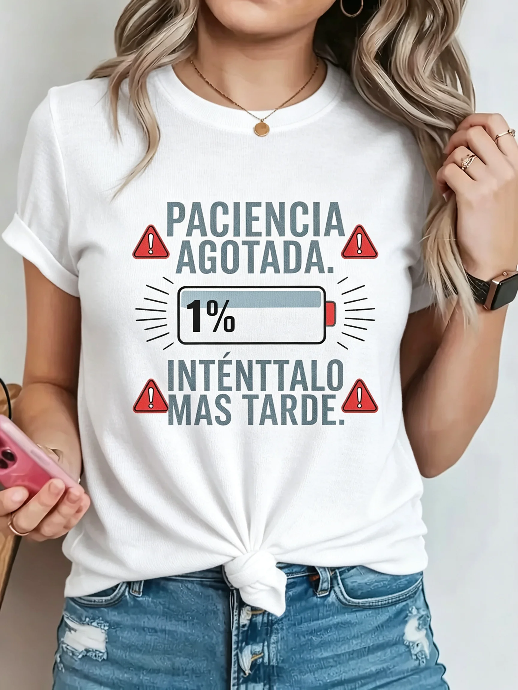 Funny Slogan Women T‑Shirt Y2K Retro Spanish Battery Warning Text Graphic Print Short Sleeve Streetwear Casual Daily Female Tops