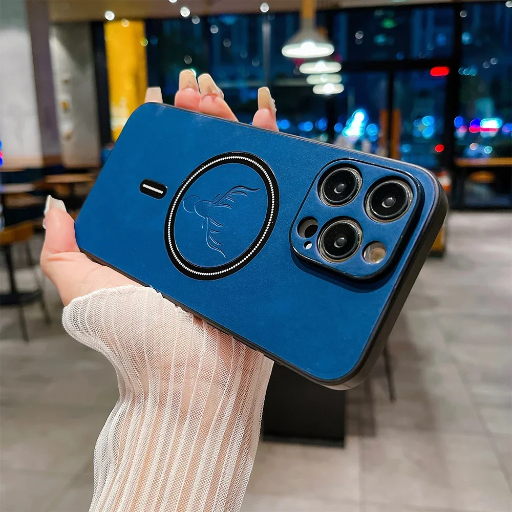 Magnetic Leather Case for iPhone 16 15 14 13 12 11 Pro Max Plus Cover Chagre for Magsafe 3D Deer All-round Camera Shell Fundas