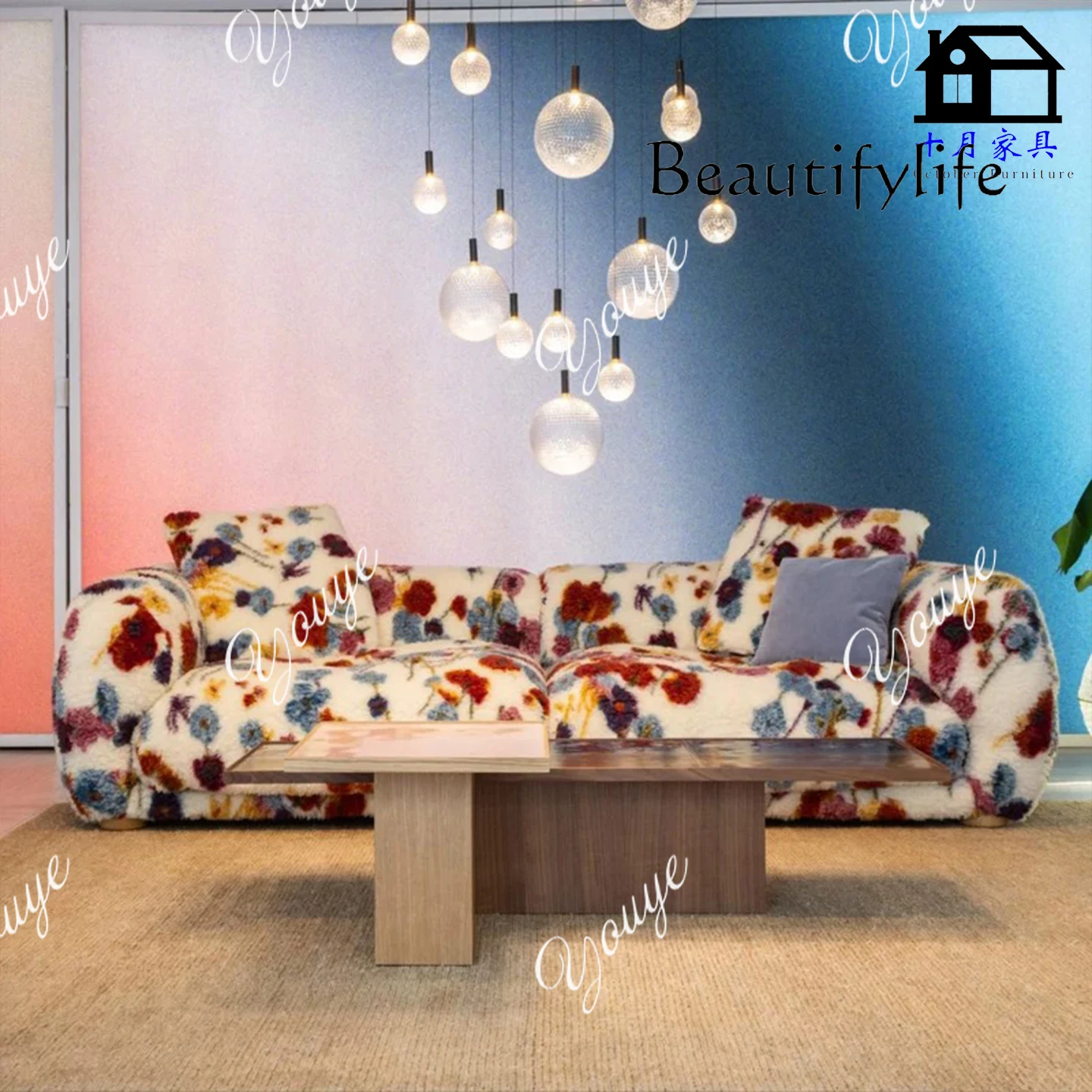 

Small apartment color straight row New floral fabric sofa Italian minimalist designer living room