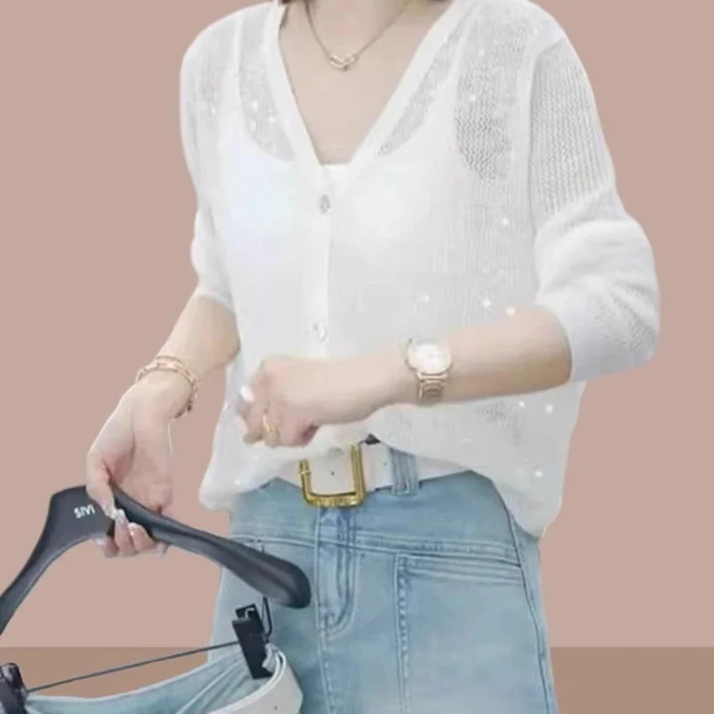 Cardigan tricoté pour femmes, pull d'été fin à manches longues, simple boutonnage, chemise de protection solaire, tempérament, paillettes, col en v, haut ample