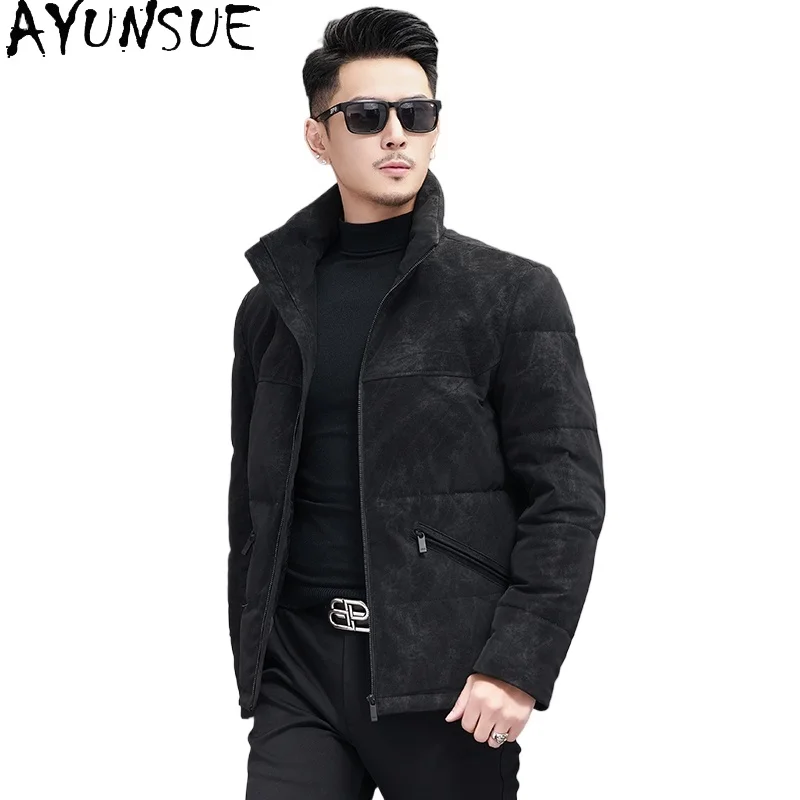 

AYUNSUE High Quality Real Sheepskin Leather Down Jacket Winter Short Goose Down Coat Stand Collar Genuine Leather Jackets Man