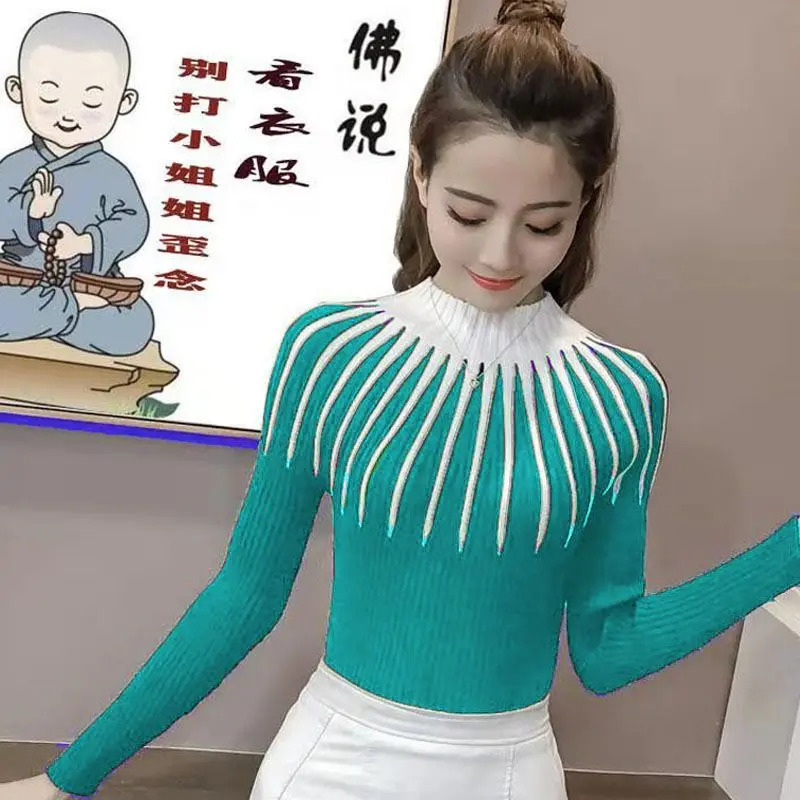 Solidny kolorowy Patchwork damski moda zimowa nowy półgolf z długimi rękawami wygodny w stylu Casual Fit uniwersalny Top