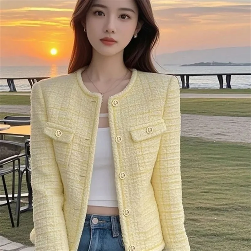 Yellow Small fragrant style Jacket Women's 2026 Spring Autumn New Fashion Socialite Temperament Casual Versatile Design Jackets