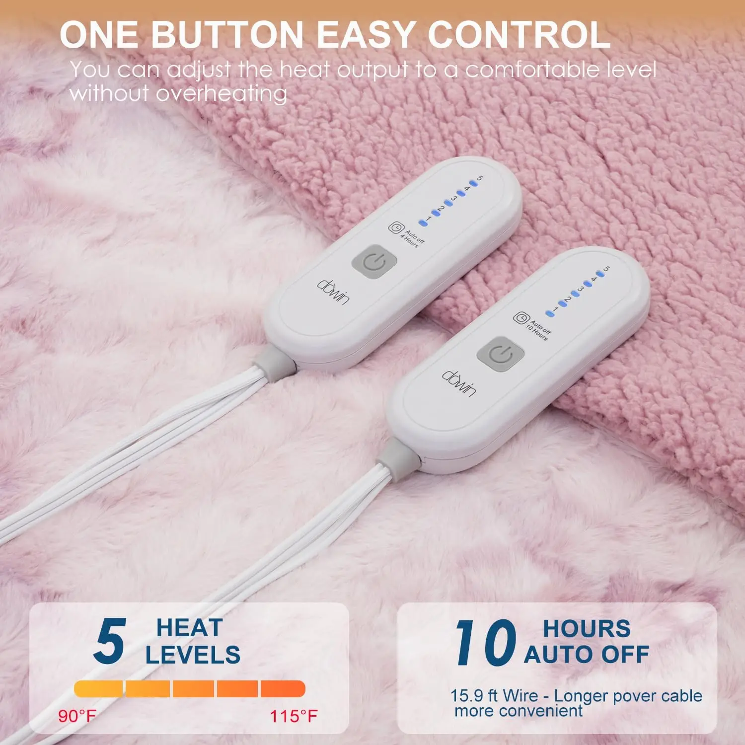 King Size Heated Blanket, Pink, Dual Controllers, 5 Heat Levels, Auto Off, Machine Washable