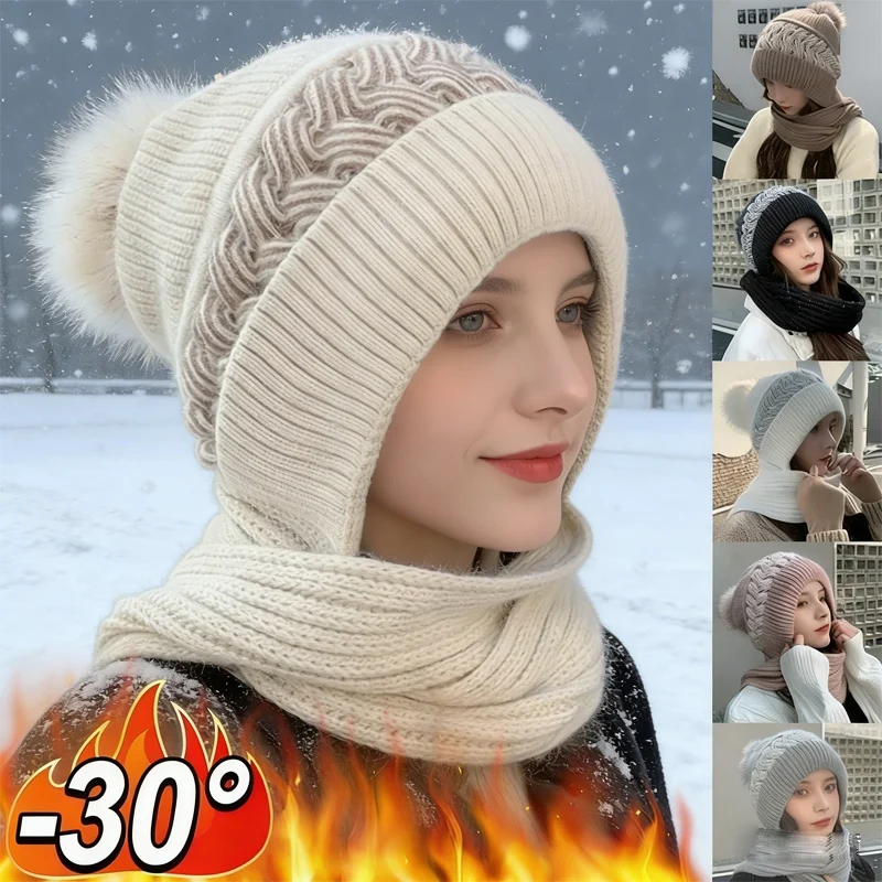

Women's Knit Winter Hat Thermal Fleece Lined with Ear Neck Protection Integrated Windproof Scarf for Cold Outdoor Activities