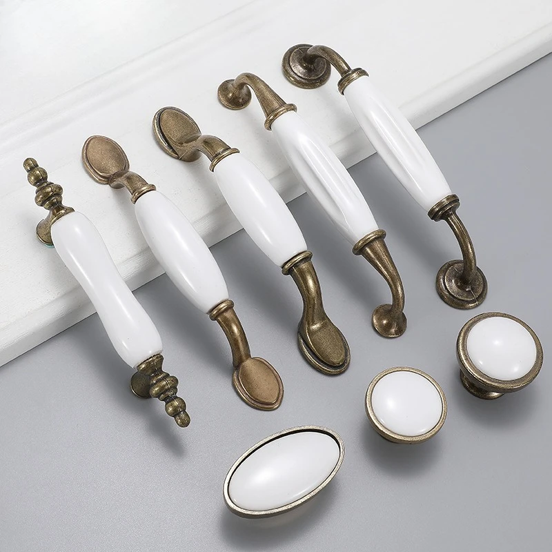 European Furniture Hardware Zinc Alloy Antique Bronze Ceramic White Cabinet Handles Wardrobe Door Handle Drawer Knobs
