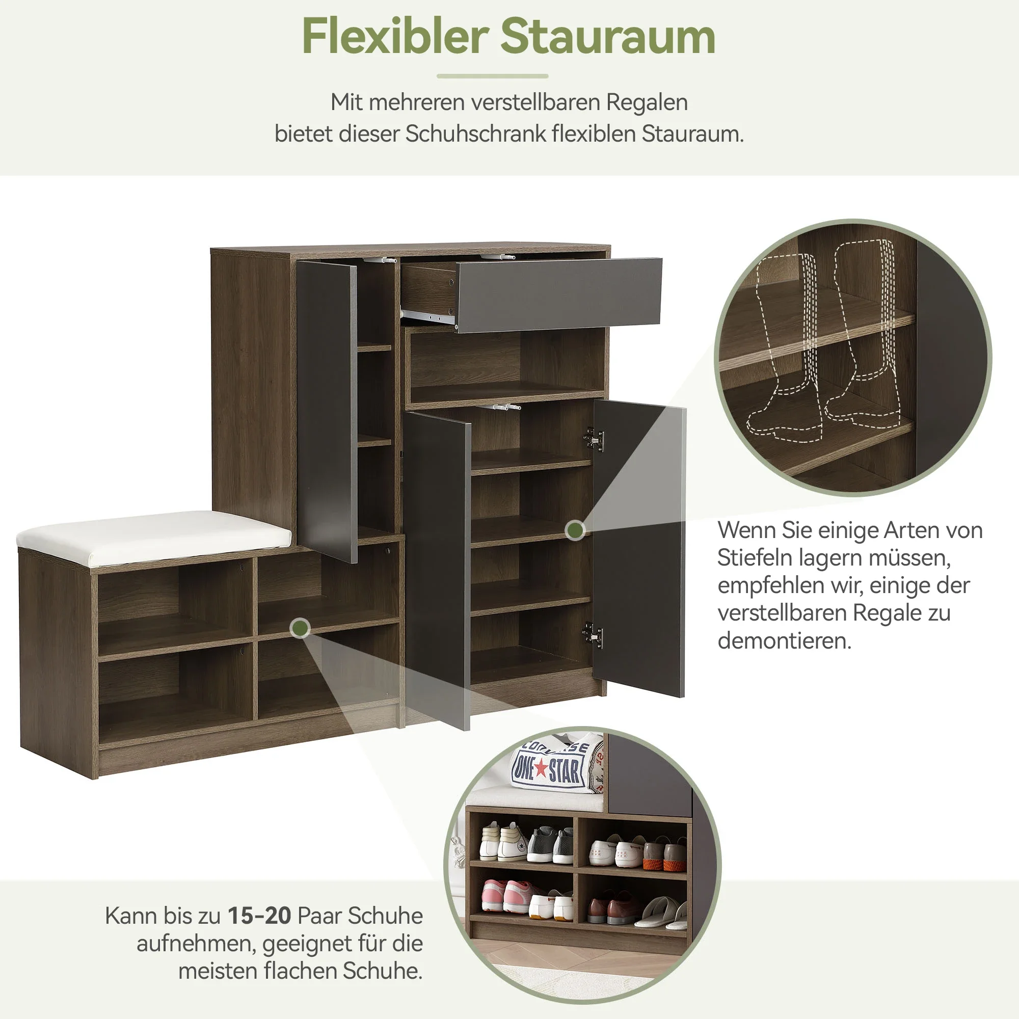 Schuhaufbewahrungsbank, Schuhschrank, Schuhregal mit gepolstertem Sitz, vielseitige Schuhaufbewahrungslösung mit Racks für den Flur – Detail 2