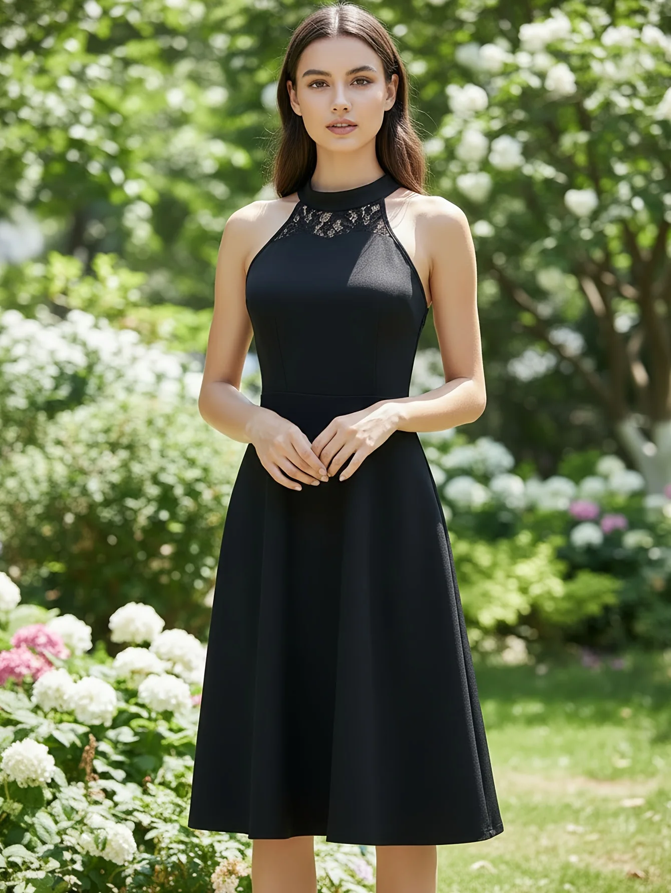 

Summer new style elegant sleeveless A-line off-the-shoulder back mid-length dress with lace patchwork skirt