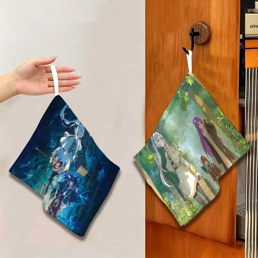 Anime F-Frieren Hanging Kitchen Towel, Polyester Cotton Fabric, Absorbent Hand Wiping Towel for Home Dormitory